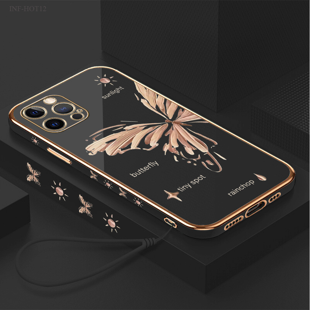 Infinix Hot 12 12i 11 11S 10 10S 9 8 NFC Pro Play Untuk Phone Case Softcase Golden Butterfly 2187 Soft Casing Kesing Soft Lembut Tali Gantungan