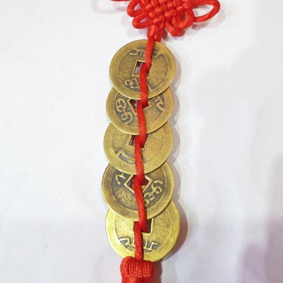 Gantungan Pohon Imlek Tembaga Emas Merah 10 Cm Koin Kuno Uang