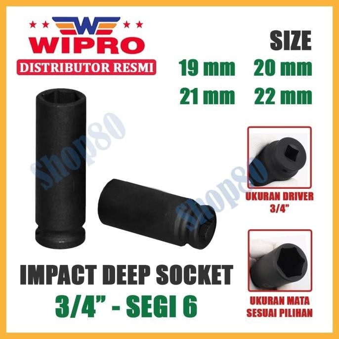juw Wipro Mata Kunci Shock Impact Panjang Sok Sock 3/4" 6PT 19 20 21 22 mm