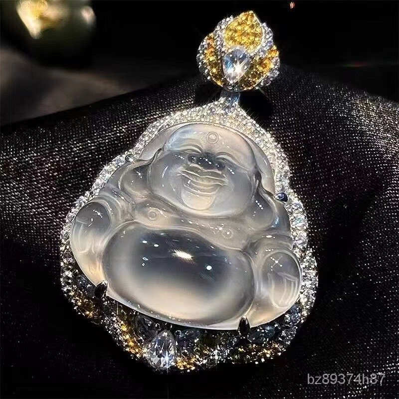 Kalung Liontin Buddha Kecil Berlian Kuning Batu Akik Kalsedon Es Putih Alami Setara dengan Giok925Gi