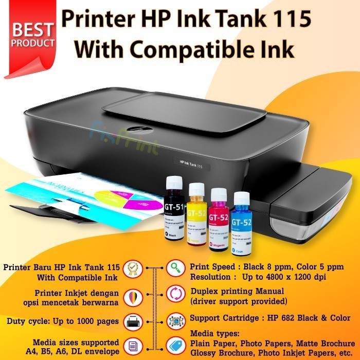 TERMURAH - HP Ink Tank 115 Printer InkTank with Cartridge Tinta Infus GT51 GT52