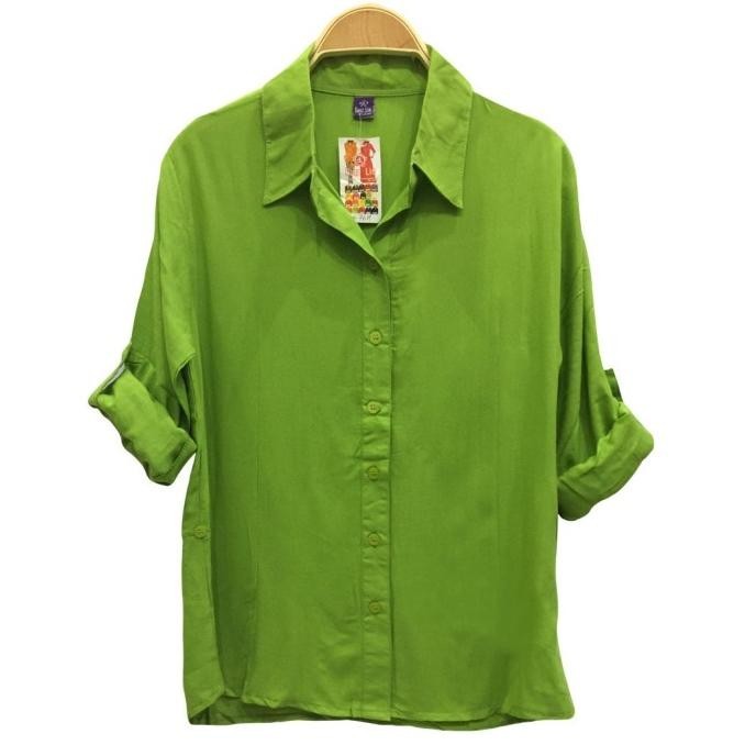 Kekinian - Kemeja Atasan Wanita BASIC POLOS Katun Rayon Adem Warna HIJAU LIME ,.