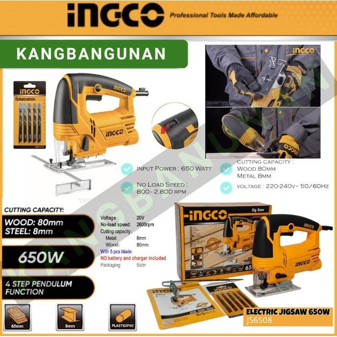 MESIN JIGSAW TRIPLEK GERGAJI TANGAN INGCO KUNING 650 WATT INGCO JS6508