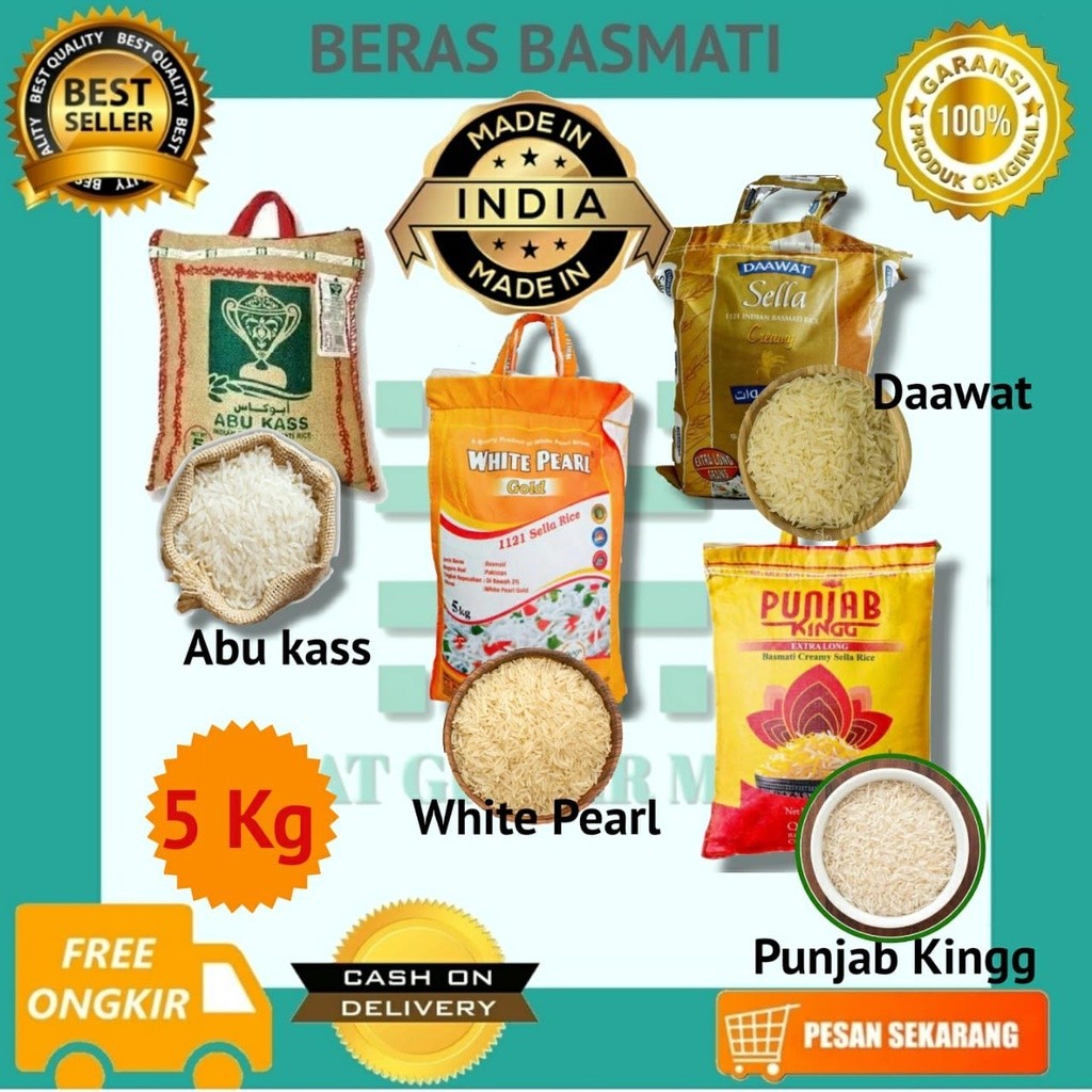 

Promo Beras Basmati 5kg Abu Kass, Daawat, White Pearl, Punjab Kingg Preum Dijan!!!