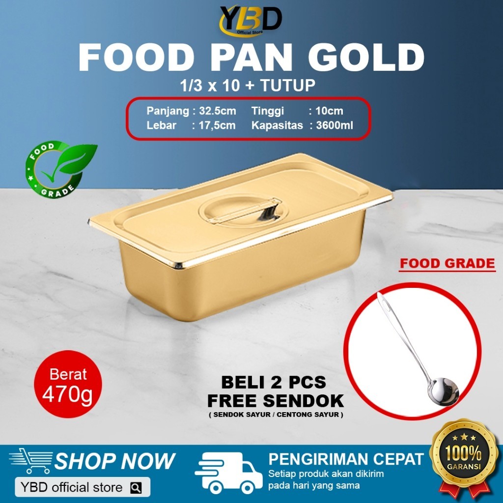 Food Pan Gold + Tutup Stainless Steel Spesifikasi 1/3 X 10 Cm / Nampan Prasmanan Satu Set Dengan