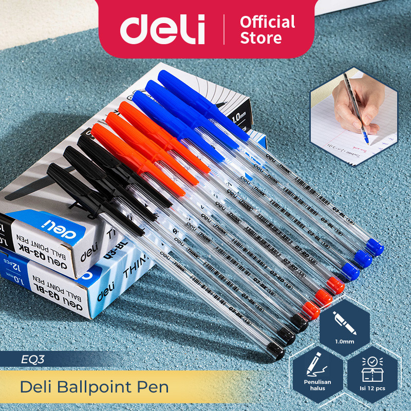 

Deli Ballpoint Pen / Pulpen Bolpoin 1.0 mm Isi 12 pcs Penulisan Halus EQ3-12PCS