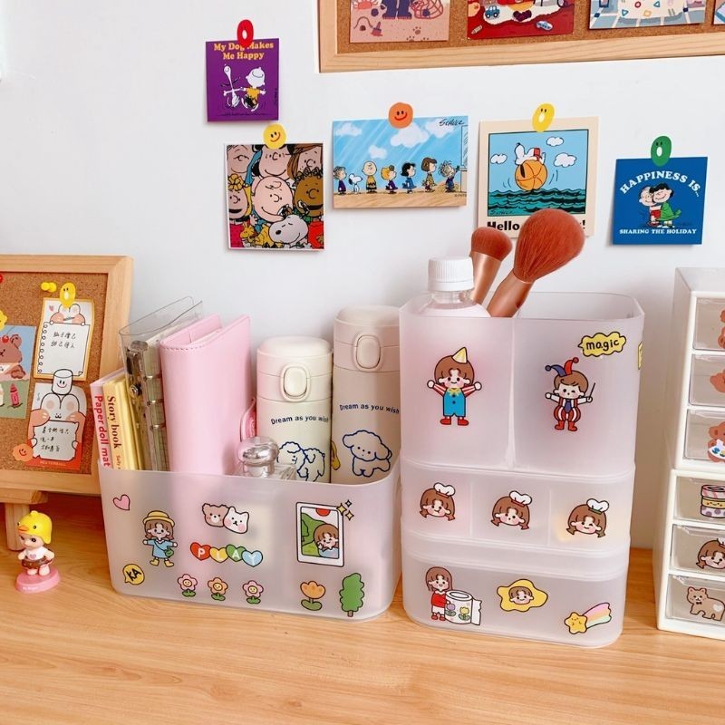HUNAM Box Wadah Serbaguna Dengan Stiker Lucu Tempat Stiker Washi Meja Belajar