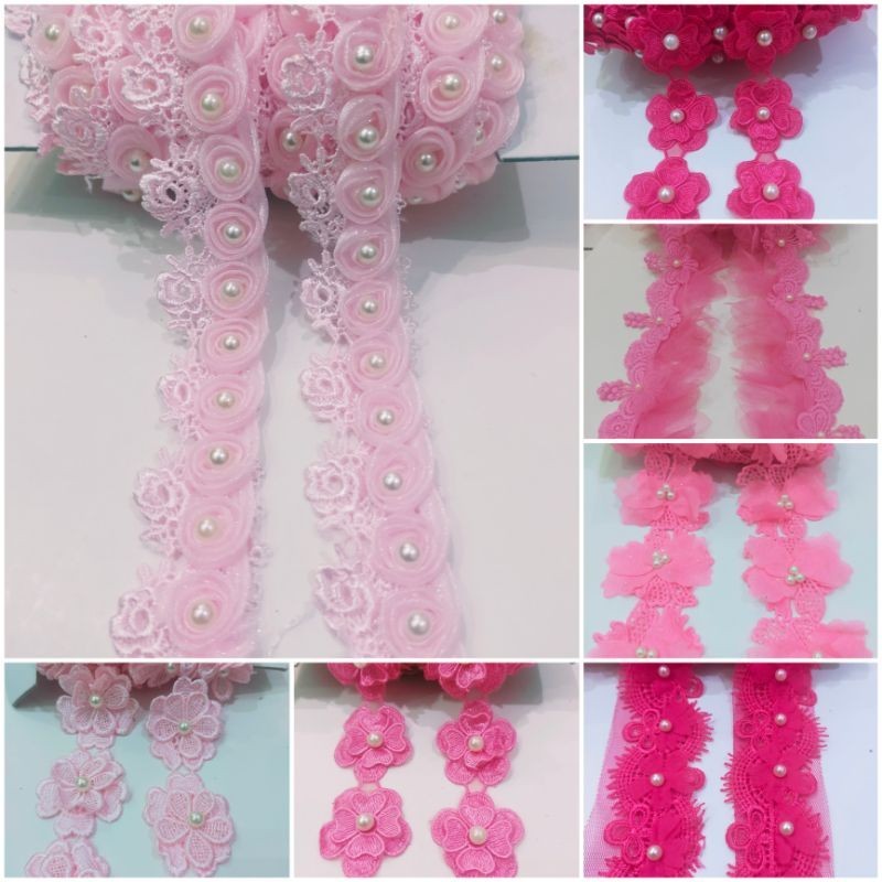 renda giper bunga tumpuk mutiara lebar 3-5,5cm