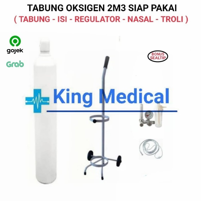 Tabung Oksigen 2 M3 Komplit 2 Kubik (Tabung,Regulator,Troly,Nasal)