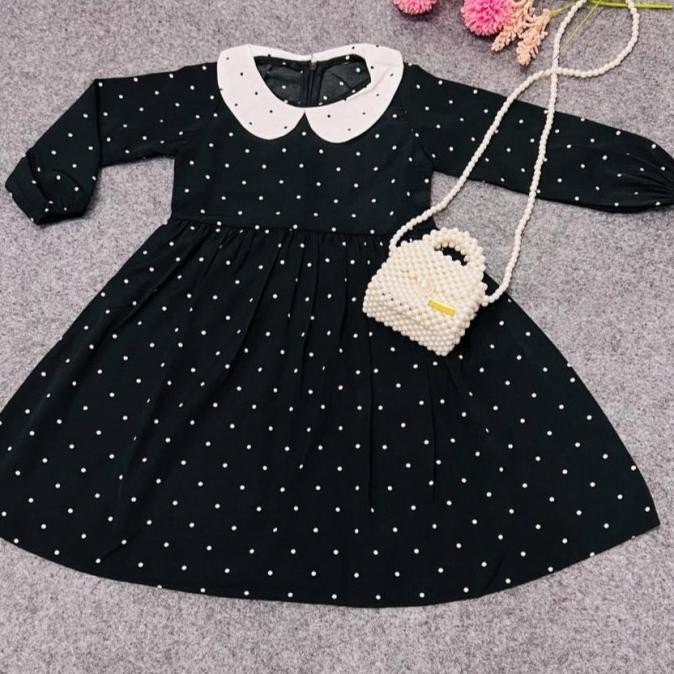 [ Wey_Store // ] Dress Anak Perempuan Lengan Panjang Polkadot Wednesday Addams Terbaik