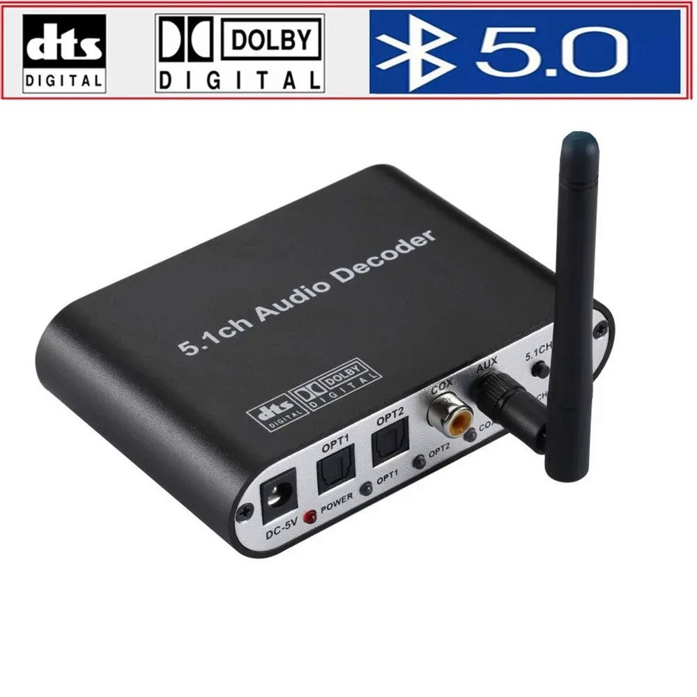 DTS Digital 5.1CH Konverter Decoder Audio, DAC Bluetooth BT 5.0 Adaptor Audio Nirkabel B Pemutar Mic SPDIF Koaksial Optik