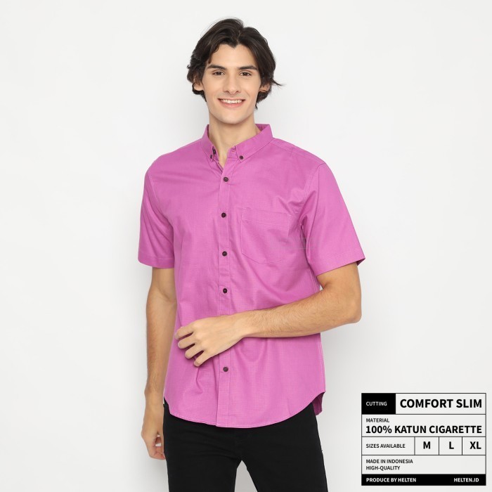 kemeja pria lengan pendek Helten lilac ungu osxford - Ungu Muda, M