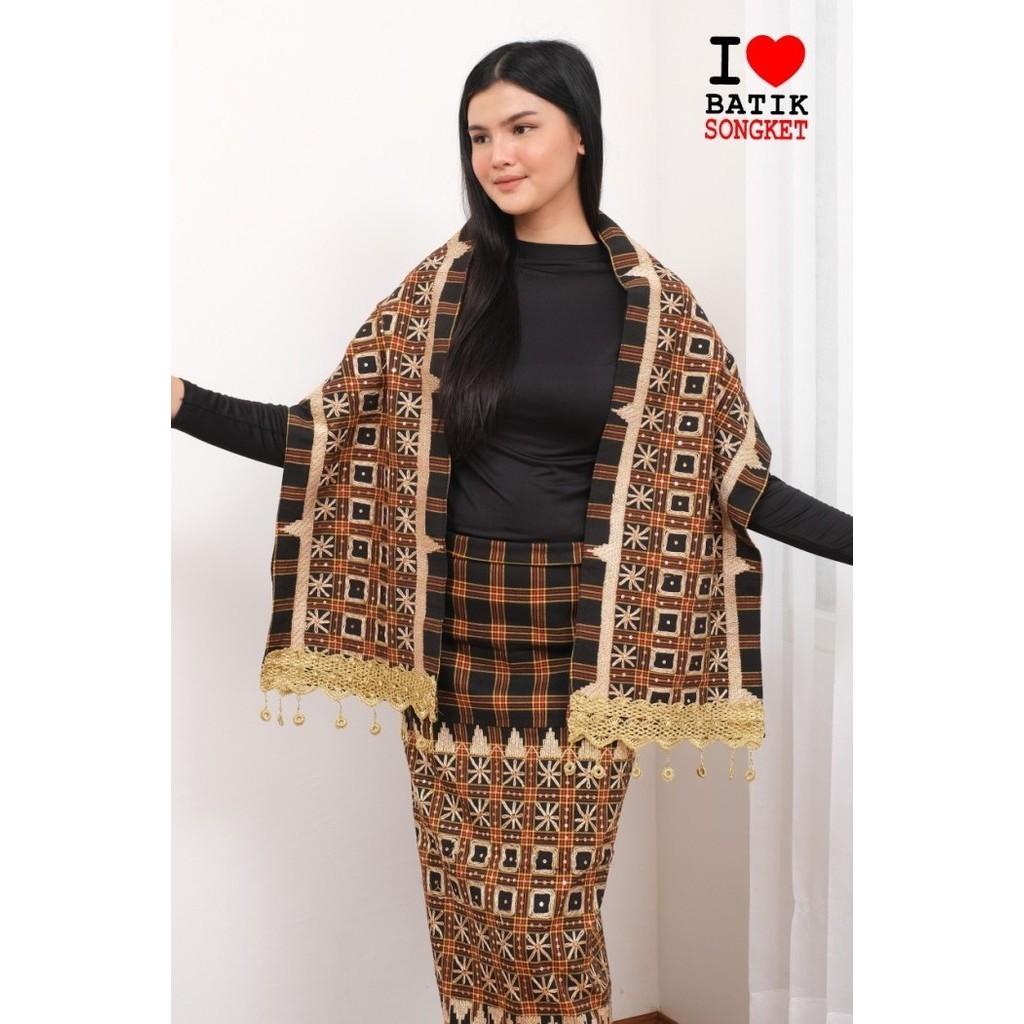 Naenggo Tapis Kaca Songket Asli Lampung Kain Tenun Sumatra Hitam Emas Gold