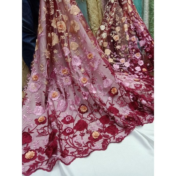 Naenggo Kain Tulle 3D Tritone / Kain Tile Bunga Timbul / Tule Bunga Mawar