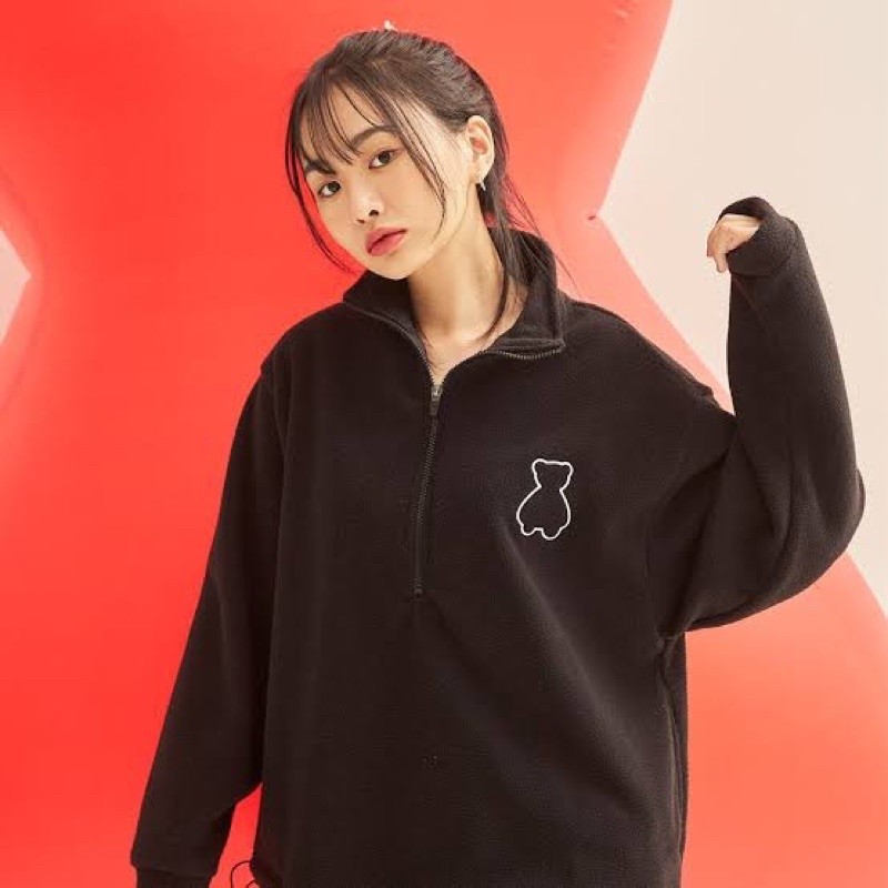 [READY STOCK] AQO BEAR FLEECE ZIP UP JACKET PANTS BLACK SET