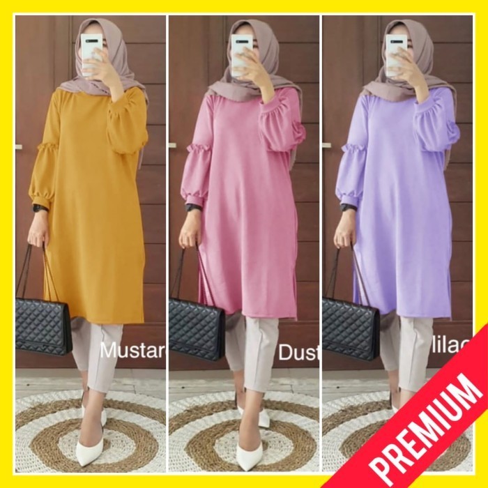 A18 Tunik Kaos Jeruk Wanita Muslim Dress Lengan Panjang Adem Terbaru