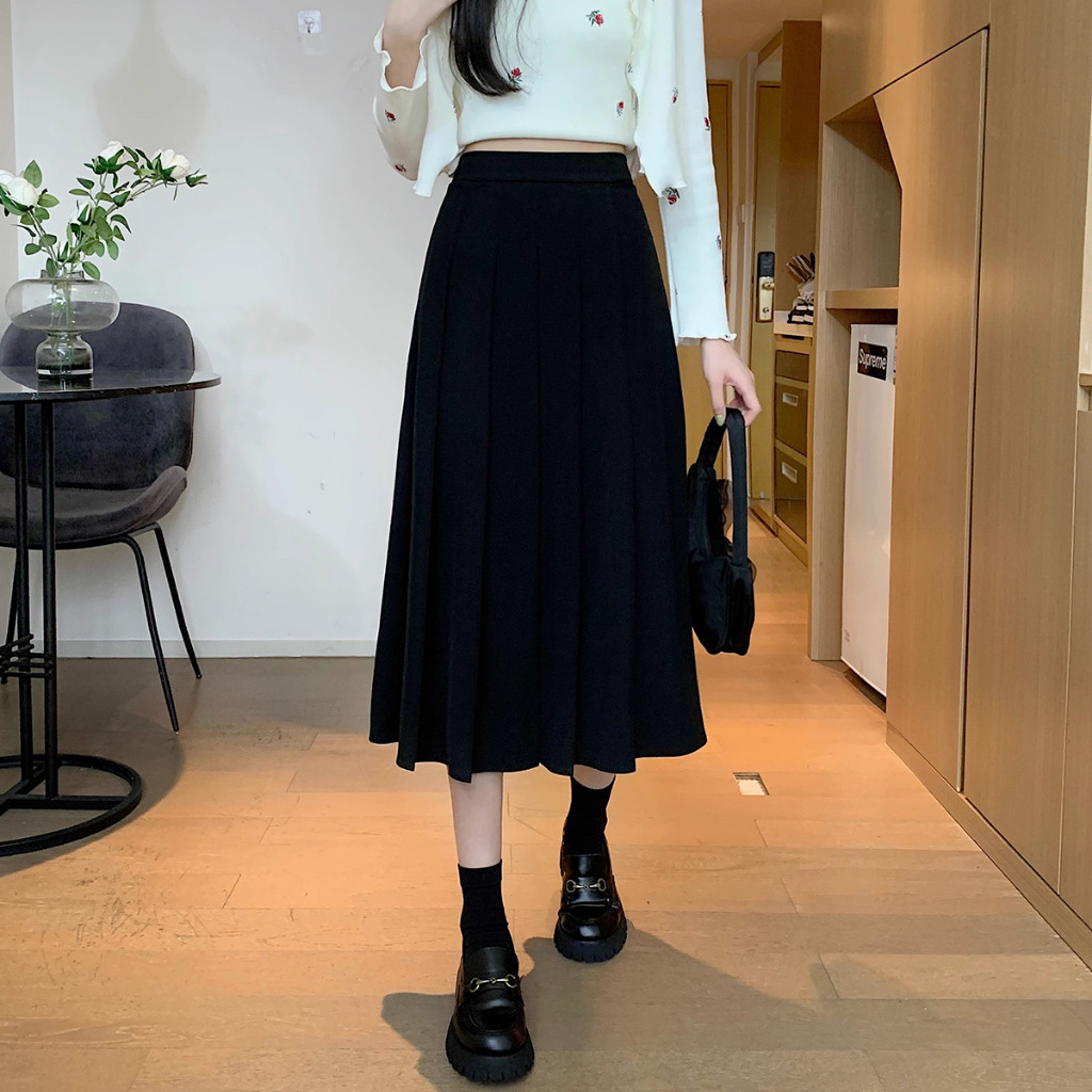 A6R ROK A-LINE DASAR KOREA PINGGANG TINGGI ROK PANJANG HITAM Z7J