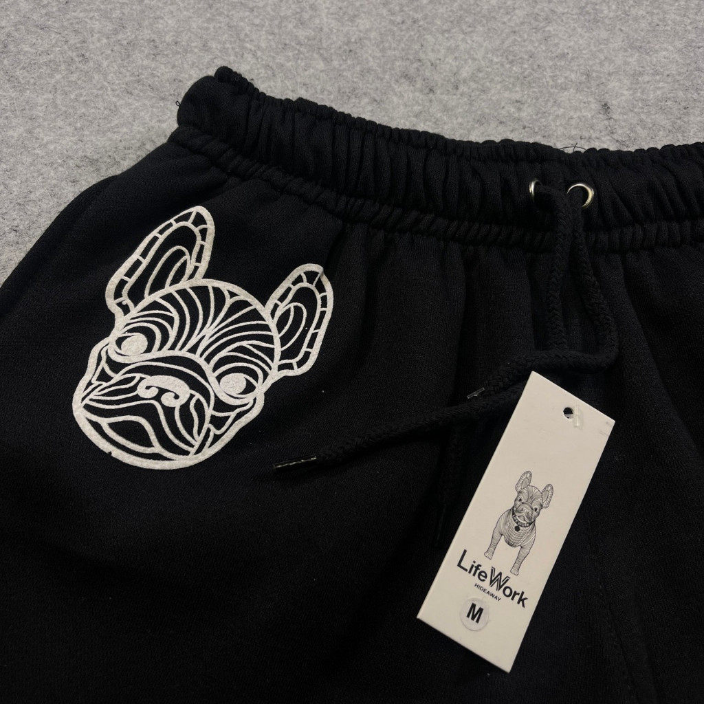 PREMIUM DRILL Short Pants LIFEWORK Hitam Dog Logo Mirror Hype Beast Size USA - Celana Boxer Pendek