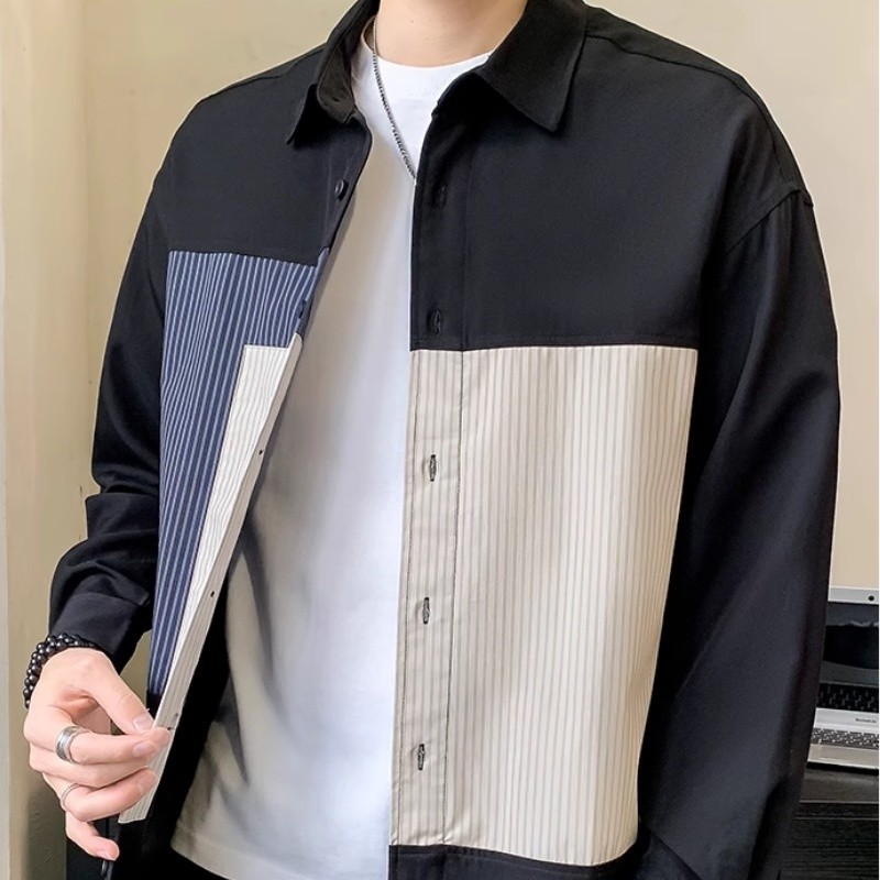 [HIGH QUALITY COLLECTIONS] Kemeja - Kemeja Retro Korea Pria Kemeja Lengan Panjang Bergaris