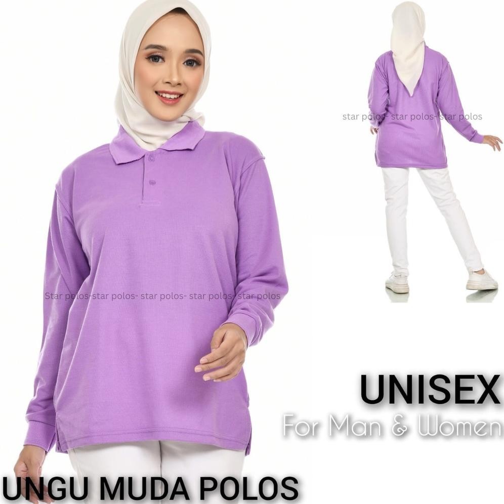 Kaos Kerah Polos Lengan Panjang Lilac/ Ungu Muda Wanita Pria S, M, L, Xl, Xxl, 3Xl