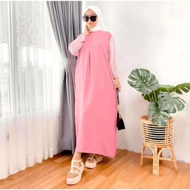 Abiya Dress Kombinasi Polos Salur Terbaru Baju Panjang Gamis Muslim