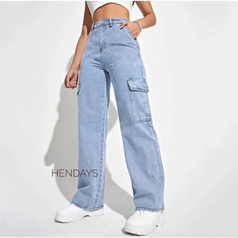 Celana Highwaist Cargo Jeans Wanita Loose Light Blue Code #1019