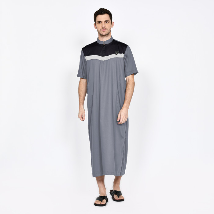 BEST SELLERJUBAH YAMANI LENGAN PENDEK GAMIS PRIA FASHION MUSLIM - Abu-abu, Mlengan pendek al haramai