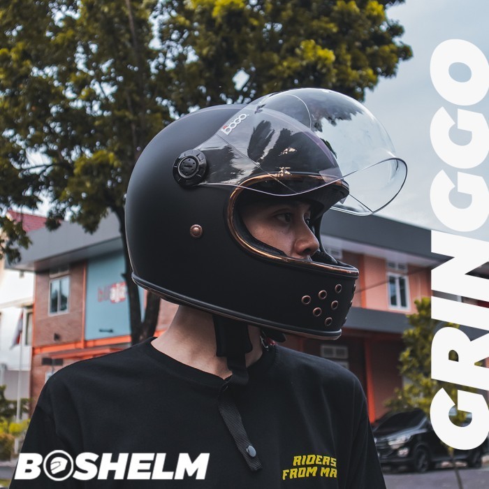 Helm Retro Fino Gringo HITAM DOFF List Gold Helm Cakil Full Face SNI