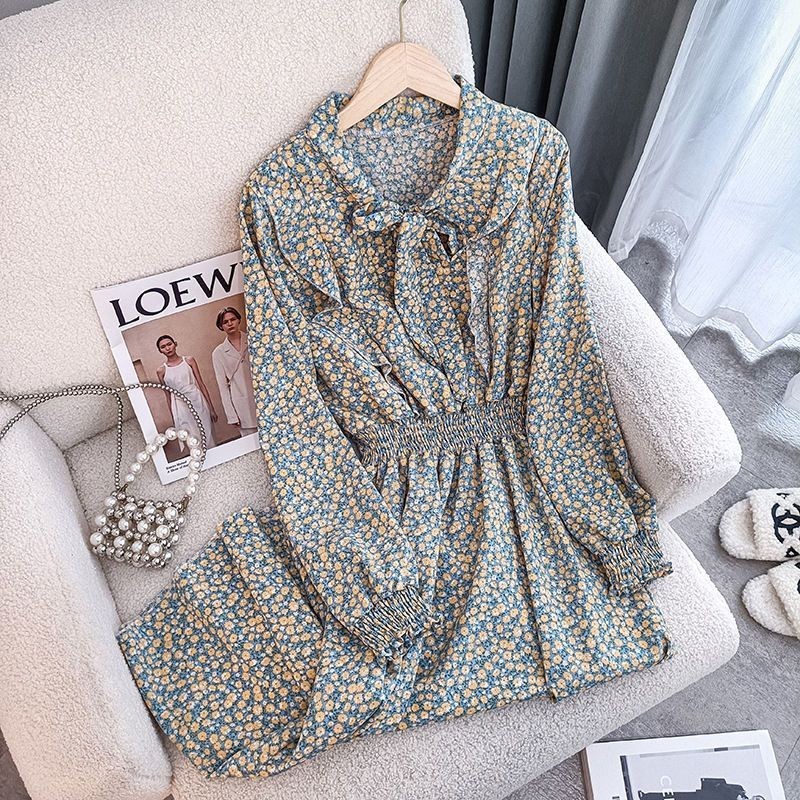 Dress Sifon Wanita, Gaun Kasual Lengan Panjang