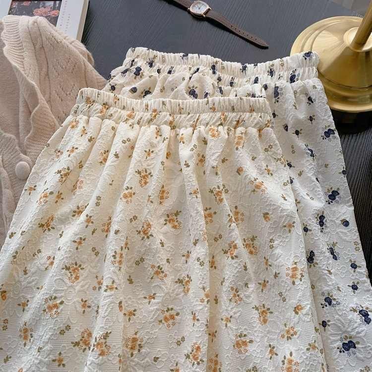 Rok Bunga Kuning Manis untuk Wanita Rok Pinggang Tinggi