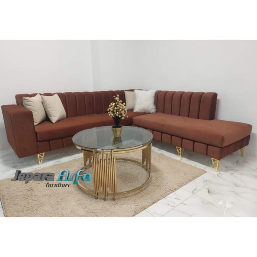 sofa minimalis ruang tamu leter L set meja bundar,meja tamu
