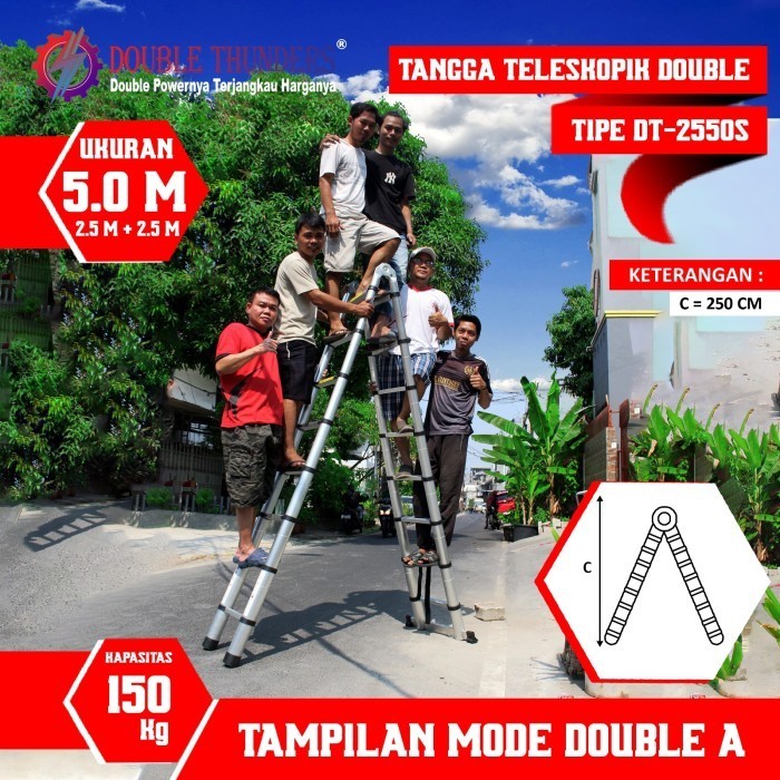 Terbaru Dt Tangga Double Teleskopik 2,5M + 2,5M 5 Meter Promo Terlaris