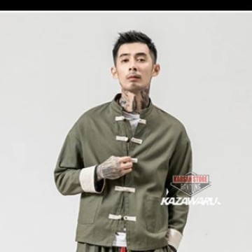 Cheongsam Pria Baju Koko Kemeja Ip Man Wing Chun Mandarin Muslim Hijau