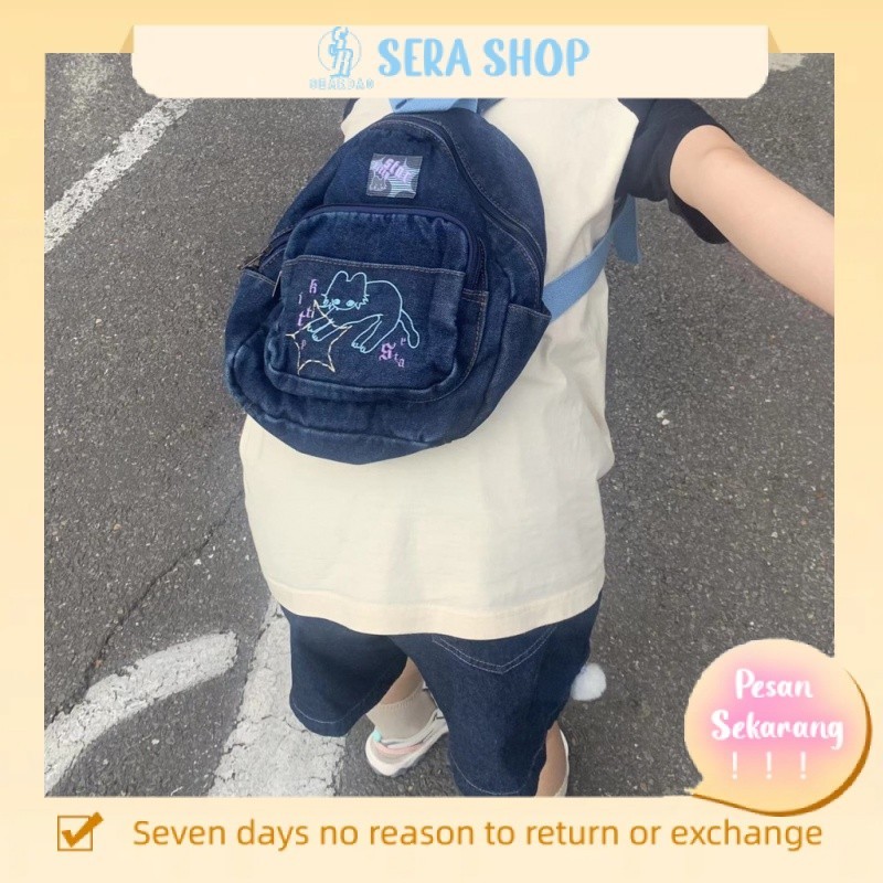 tas punggung denim tas sekolah import ransel jeans wanita ransel mini ✓Seraser Air Train Kittystar M