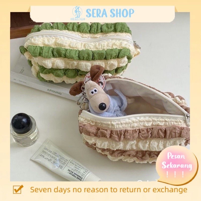 

□☌Nuojiji warna krim yang cocok dengan gadis cantik lipit garis kontras warna tas penyimpanan tas pensil tas kosmetik berkapasitas besar