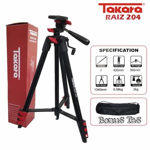 Tripod Kamera Dan Hp, Takara Raiz 204, Free Tas Dan Holder Hp