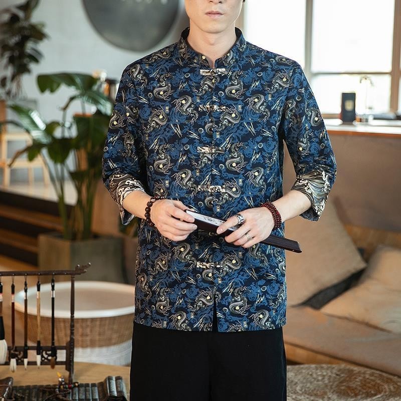Kemeja Lengan Pendek Pria, Baju Gaya Tiongkok Retro Kancing Kodok