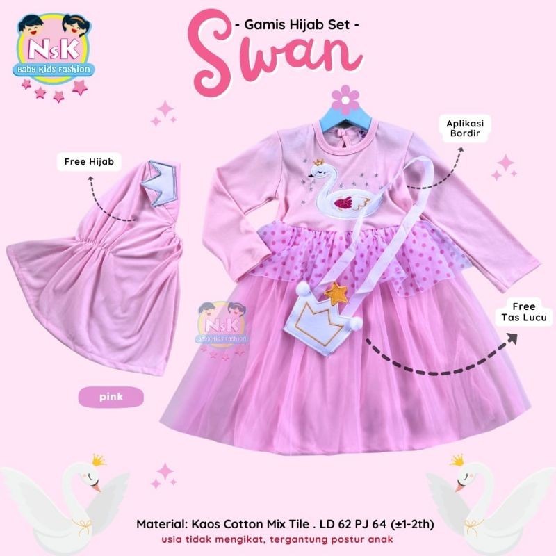 COD | SWAN GAMIS SET ANAK USIA 1-2 TAHUN FREE TAS DAN JILBAB BAHAN KAOS COTTON ADEM BAJU LEBARAN