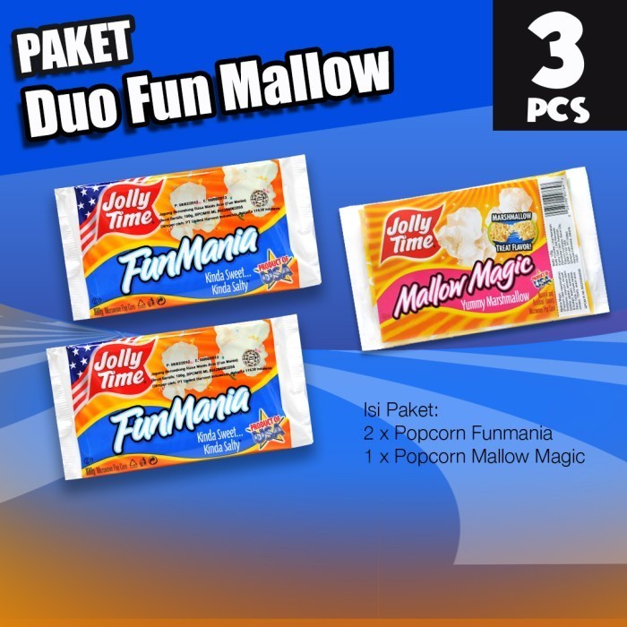 

Paket Duo Fun Mallow (2FM, 1MM) - Jolly Time Mircowave Popcorn