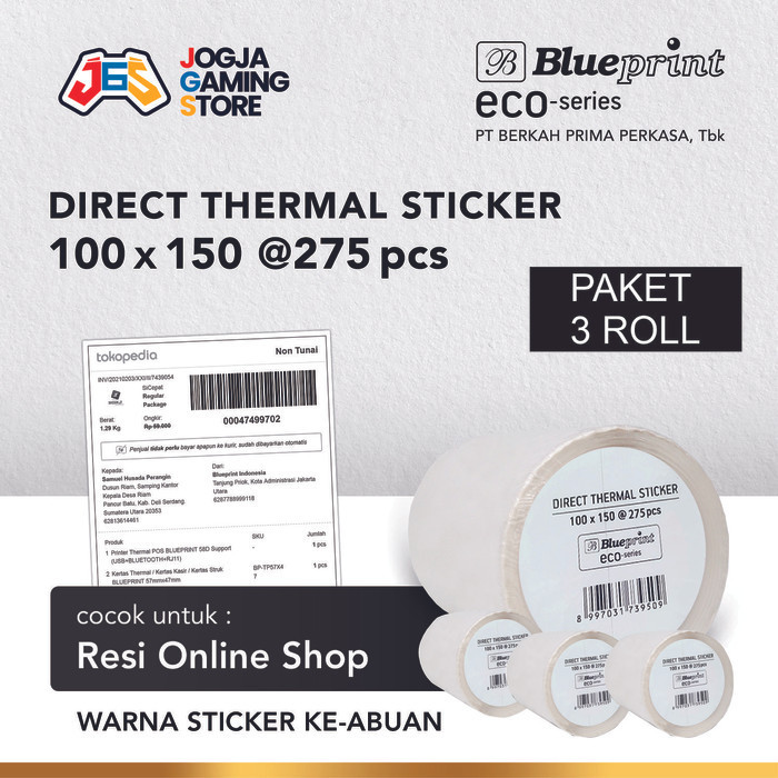 

KERTAS THERMAL STIKER LABEL RESI 100x150 BLUEPRINT ECO @275 - 3 Roll