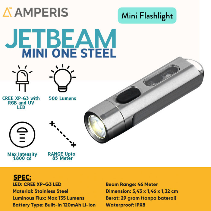 JETBEAM MINI ONE Steel Senter Mini CREE XP-G3 500 Lumens + RGB + UV