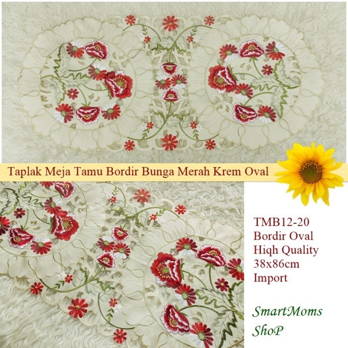 TAPLAK MEJA TAMU BORDIR/TAPLAK BORDIR OVAL SHABBY KREM BUNGA MERAH