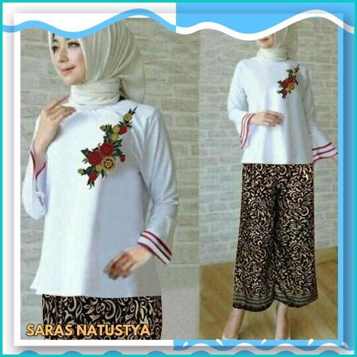 ST BORDIR+KULOT BATIK OX SETELAN WANITA BABYTERY PUTIH BERKUALITAS TINGGI 