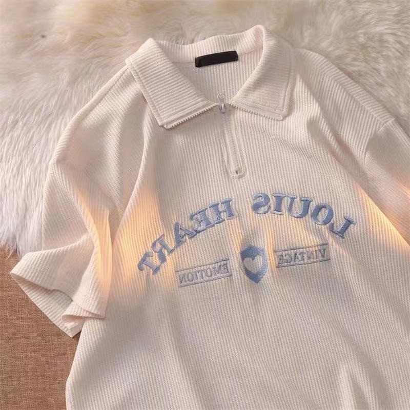 Kemeja Polo Wanita Lengan Pendek, Kemeja Polo Ukuran Besar Lengan Pendek Longgar Pasangan Setengah