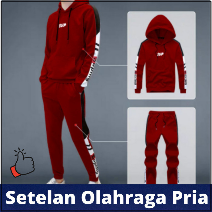 SET Pakaian baju olahraga pria dewasa hoodie + celana training lari