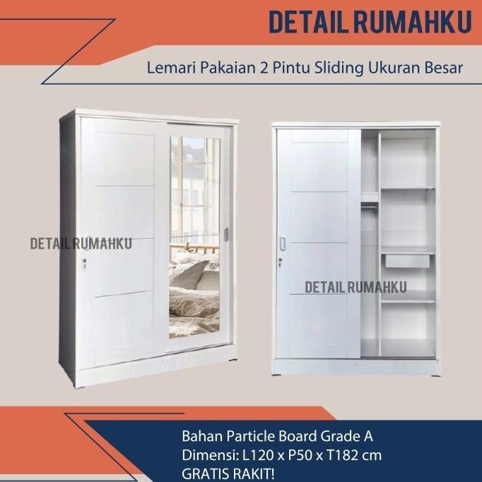 Lemari Pakaian 2 Pintu Sliding Geser Putih Partikel Minimalis