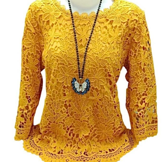 Atasan Brukat Wanita Blouse Full Brokat Putih Prada Jumbo Tangan 7/8