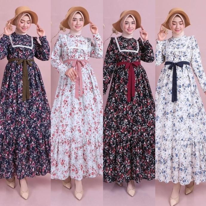 Gamis Ceruty Motif Bunga / Gamis Ceruti Printing / Gamis Renda Laluna