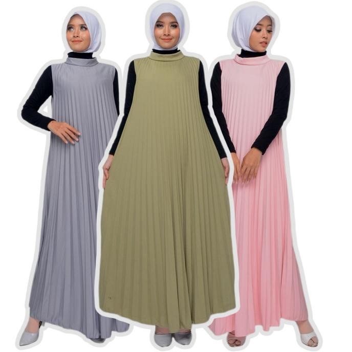 Baju Gamis Wanita Gamis Plisket Premium Murah Lengan Buntung