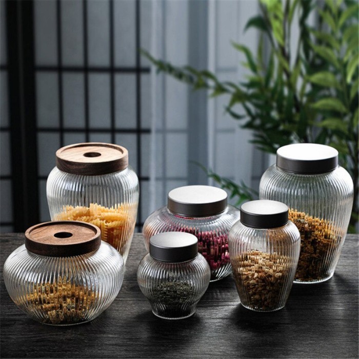 Toples Kaca Makanan Kedap Udara / Toples Bumbu Dapur Snack Tutup Kayu